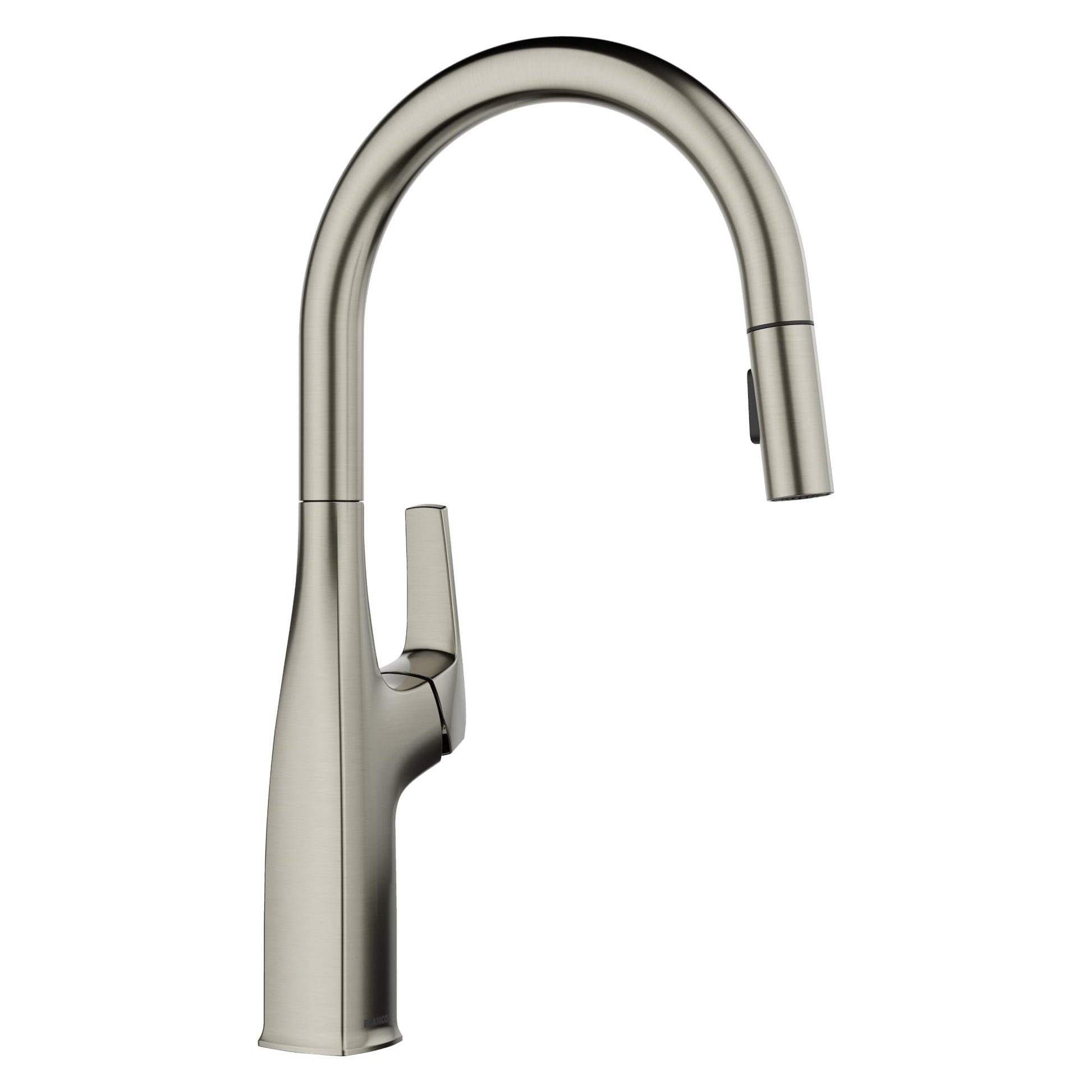 Satin platinum pull-down kitchen faucet with curved spout and single lever handle.
