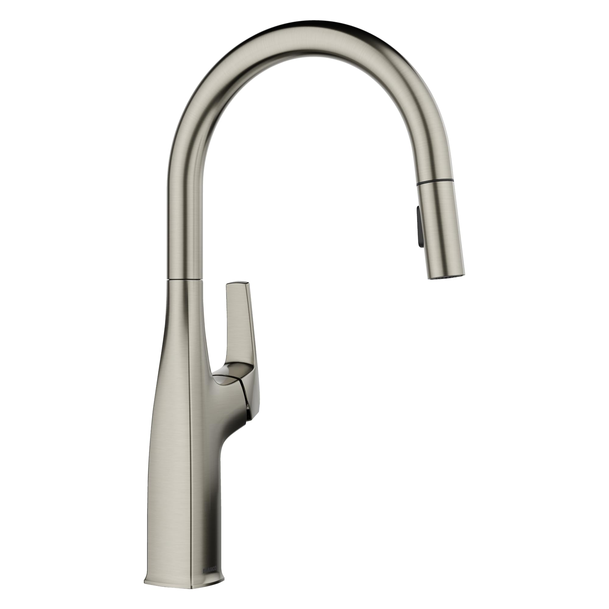 Satin platinum pull-down kitchen faucet with curved spout and single lever handle.