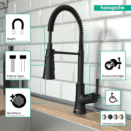 Matte black semi-pro kitchen faucet with coiled spray hose and tapered spout against white subway tile backsplash.