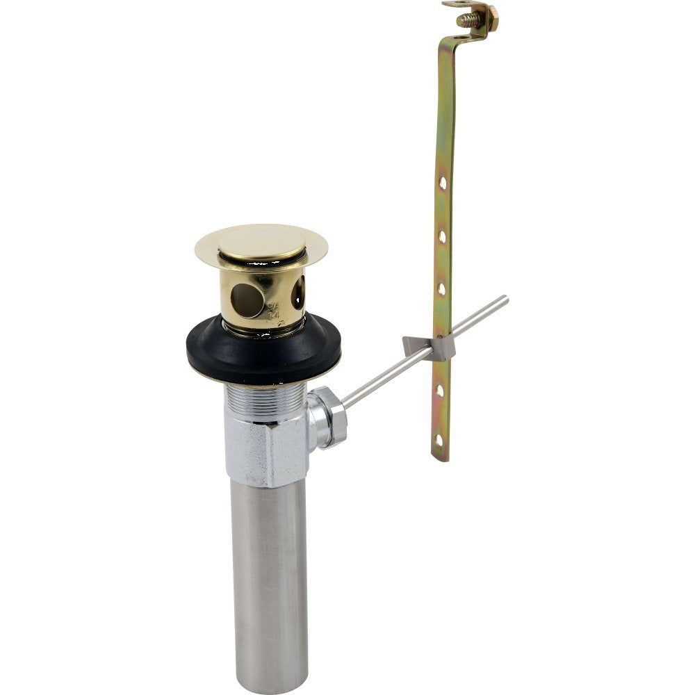 Polished brass drain assembly with metal pop-up stopper, mounting bracket, and control rod for bathroom sink.