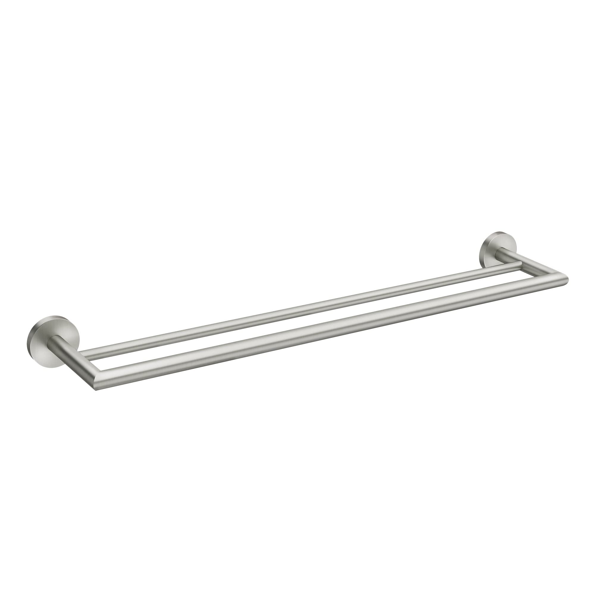 Brushed nickel double towel bar with two parallel horizontal rails mounted on circular wall plates.