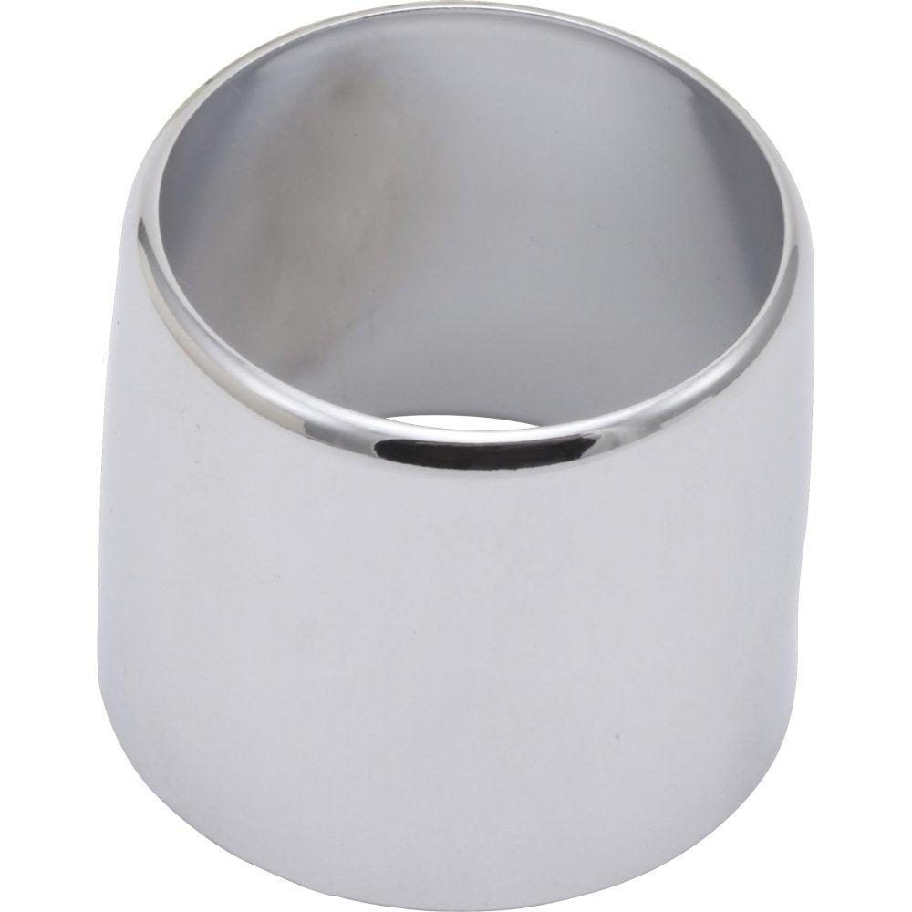 Chrome-finished cylindrical spout bonnet with polished rim and angled opening, viewed from front angle.