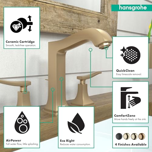 Brushed bronze widespread bathroom faucet with lever handles, curved spout, and pop-up drain shown with feature icons.