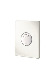 White rectangular wall plate with rounded corners featuring a circular button with oval slot and Grohe branding.
