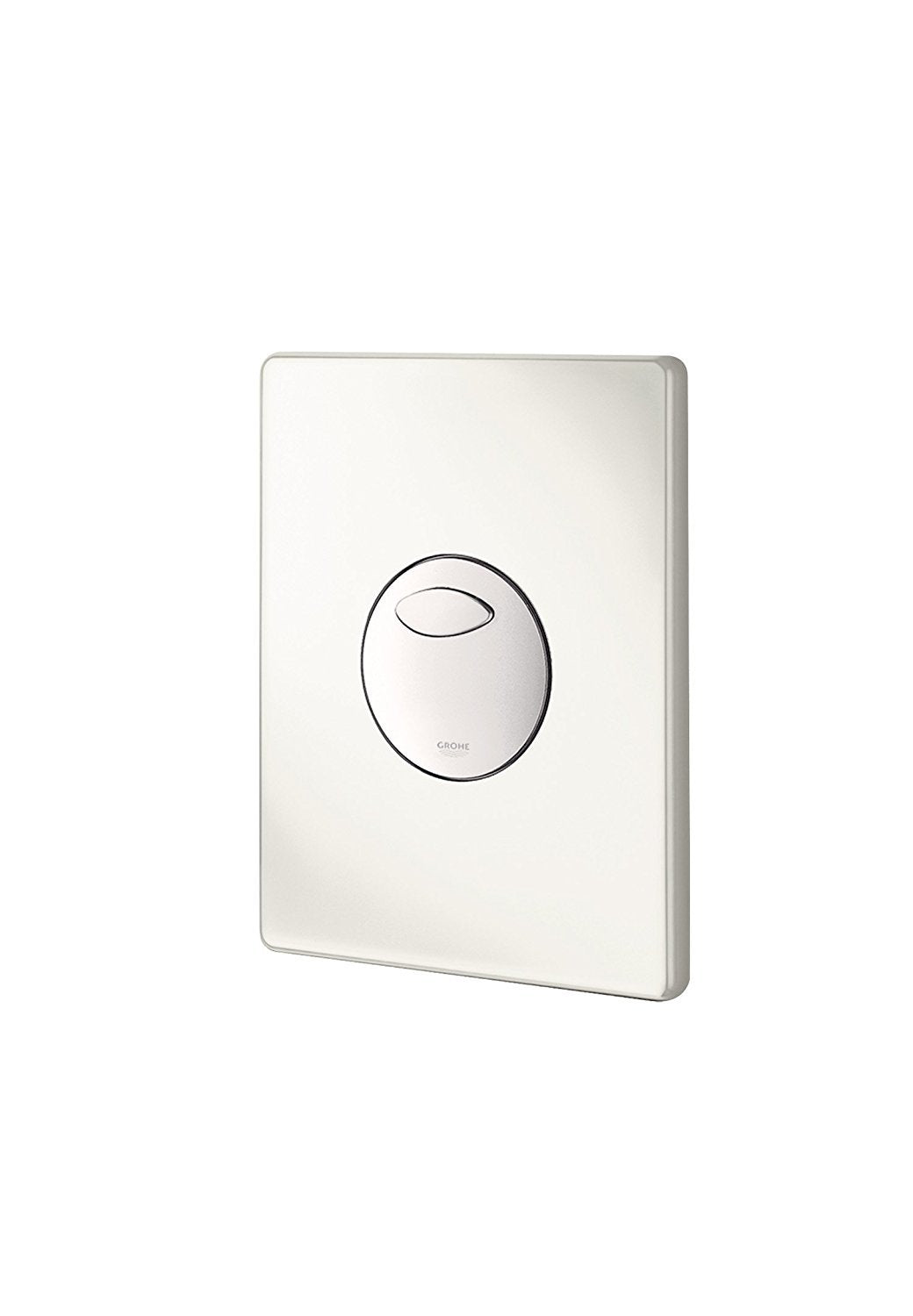 White rectangular wall plate with rounded corners featuring a circular button with oval slot and Grohe branding.