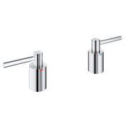 Pair of polished chrome lever handles with cylindrical bases and extended arms for tub filler faucets.