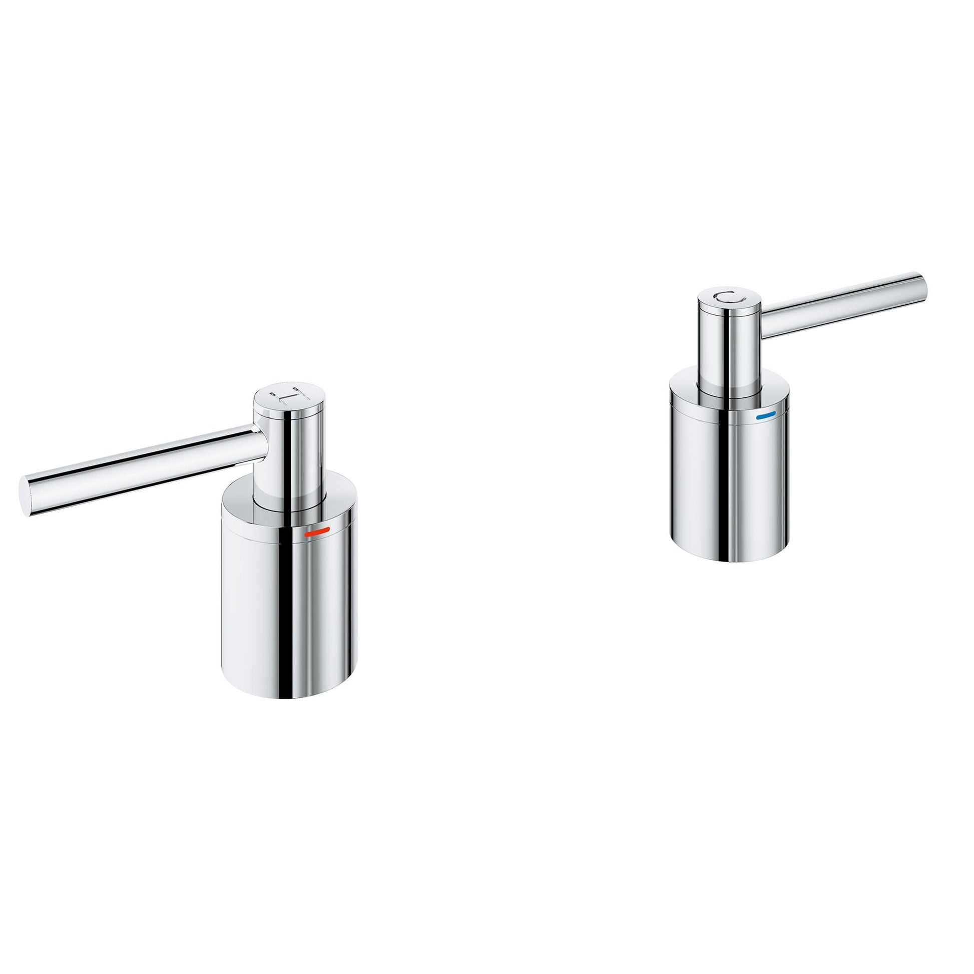 Pair of polished chrome lever handles with cylindrical bases and extended arms for tub filler faucets.