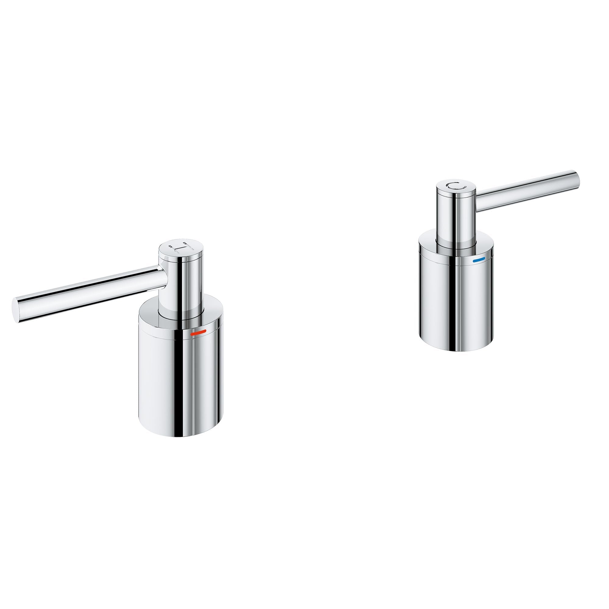 Pair of polished chrome lever handles with cylindrical bases and extended arms for tub filler faucets.