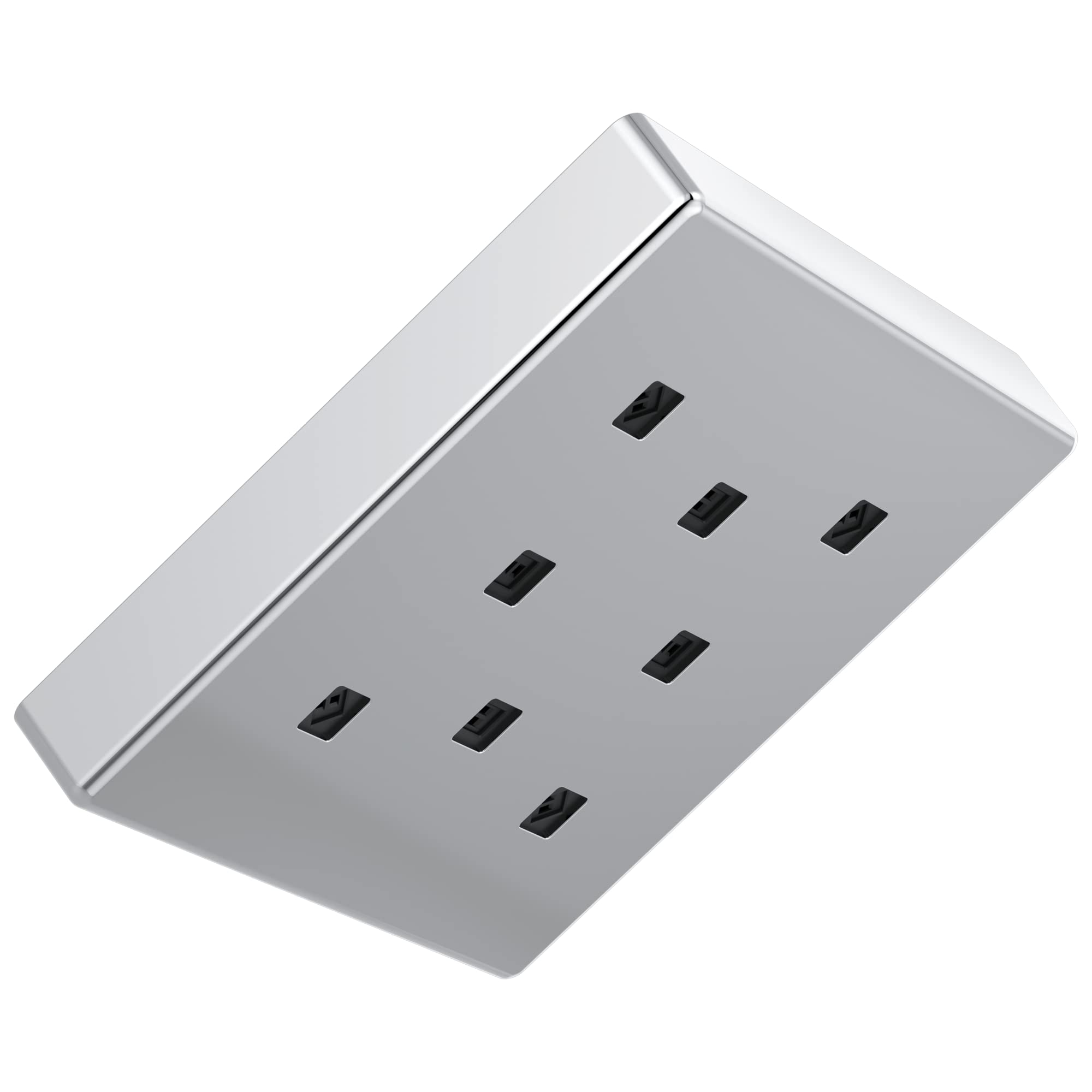 Chrome square raincan showerhead with multiple black nozzles on face, angled view.
