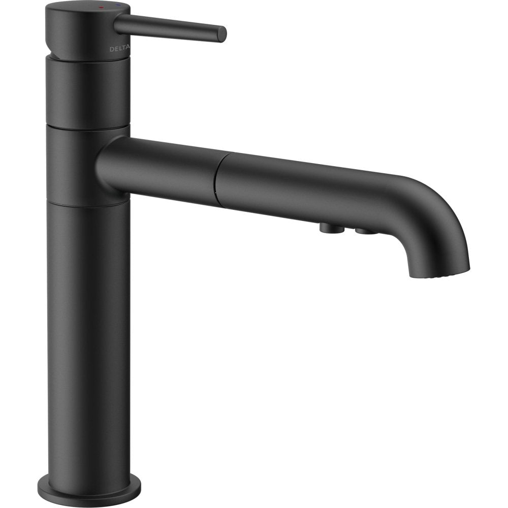 Black single-handle kitchen faucet with cylindrical body and curved pull-out spout.