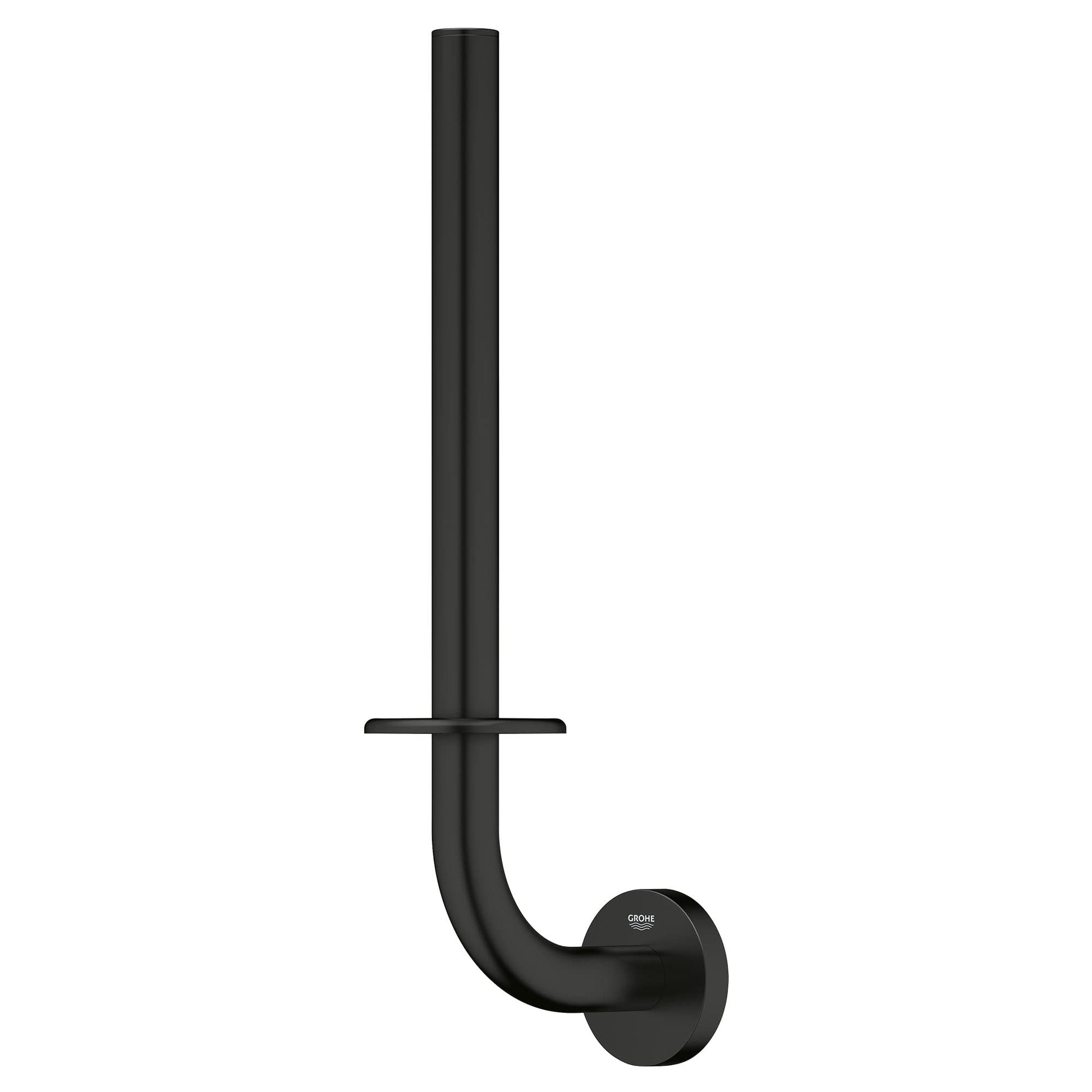 Matte black vertical toilet paper holder with dual roll capacity and wall-mounted circular base.