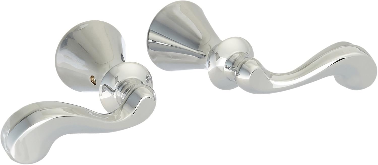 Pair of chrome metal lever handles with curved arms and cone-shaped flanges for bathroom or kitchen faucet installation.