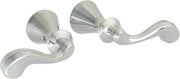 Pair of chrome metal lever handles with curved arms and cone-shaped flanges for bathroom or kitchen faucet installation.
