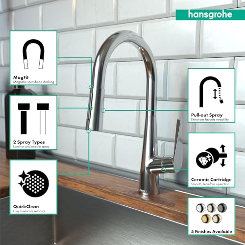 Chrome high arc kitchen faucet with pull-down spray head and labeled feature callouts on white subway tile backsplash.