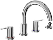 Polished chrome two-handle deck-mount roman tub filler with arched spout and detachable handshower.