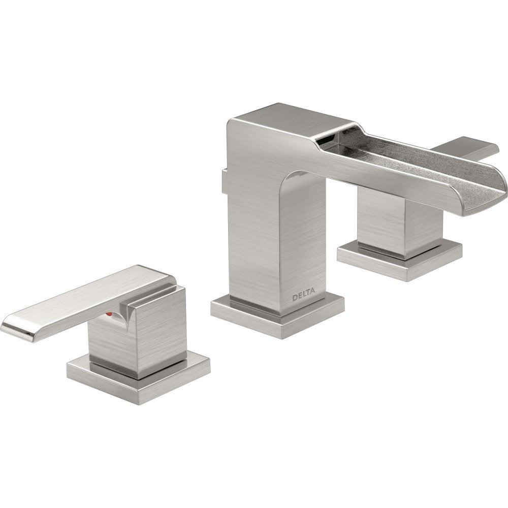 Chrome two-handle widespread bathroom faucet with curved spout and square base mounting blocks.