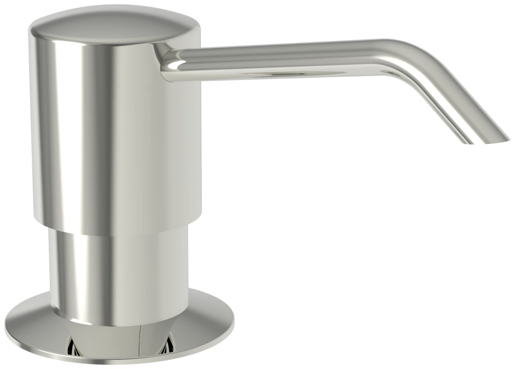 Polished nickel cylindrical soap dispenser with angled spout and round base.