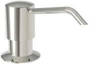 Polished nickel cylindrical soap dispenser with angled spout and round base.