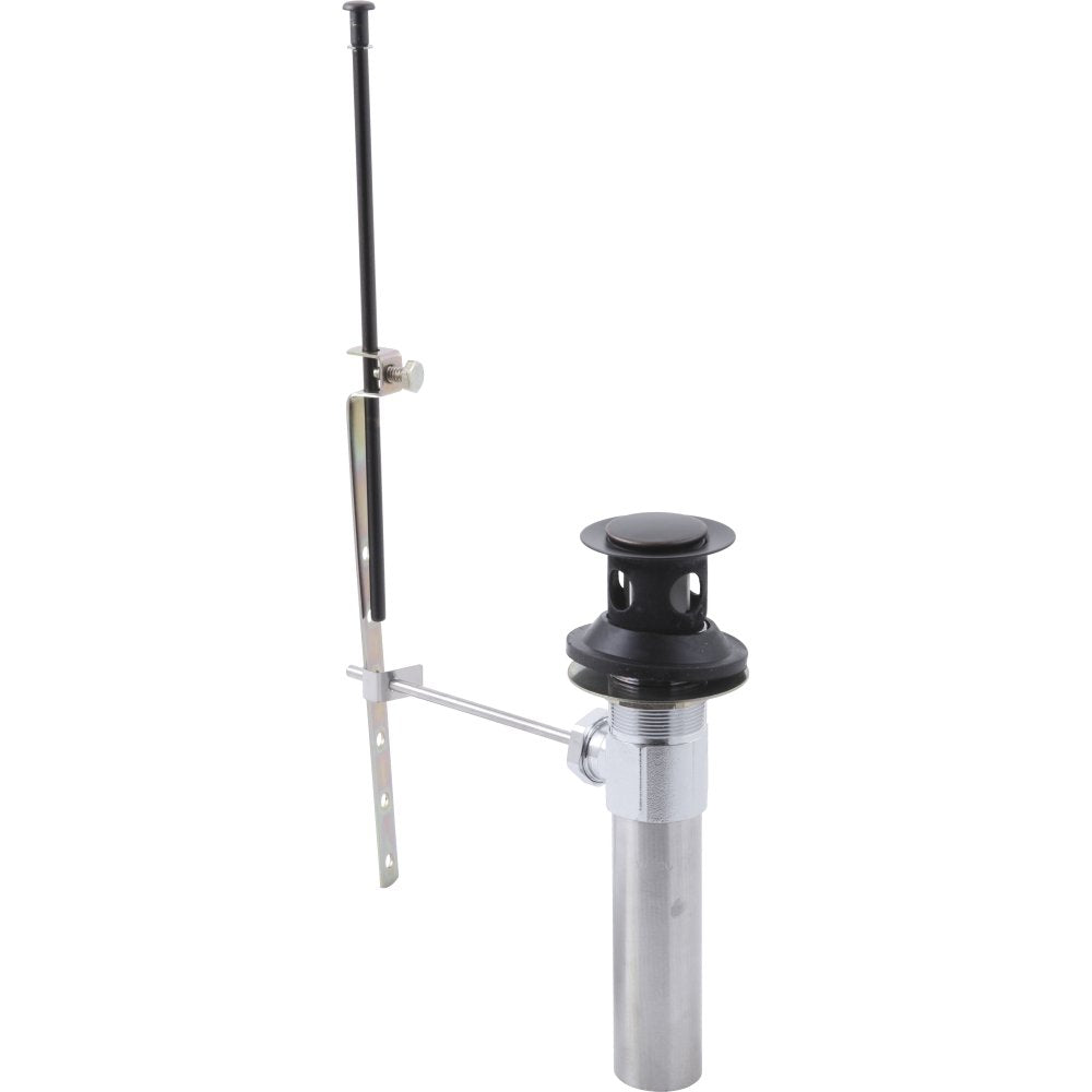 Metal pop-up drain assembly with Venetian bronze finish cap and chrome pipe components for bathroom sink installation.
