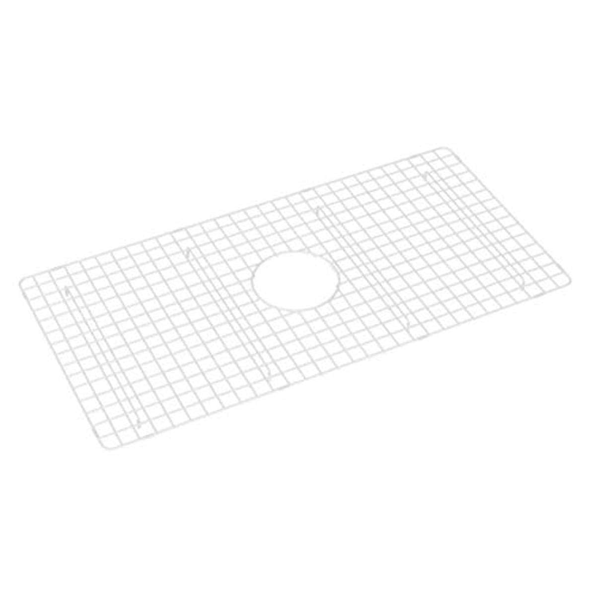 White wire grid sink protector with center drain opening for kitchen sink basin.