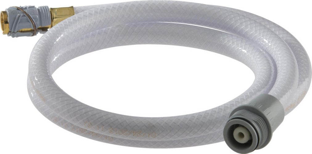 Clear vinyl hose with brass 45-degree quick-connect fitting and gray disconnect coupling.