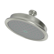Polished nickel overhead shower head with oval faceplate and multiple spray jets, mounted on adjustable arm.