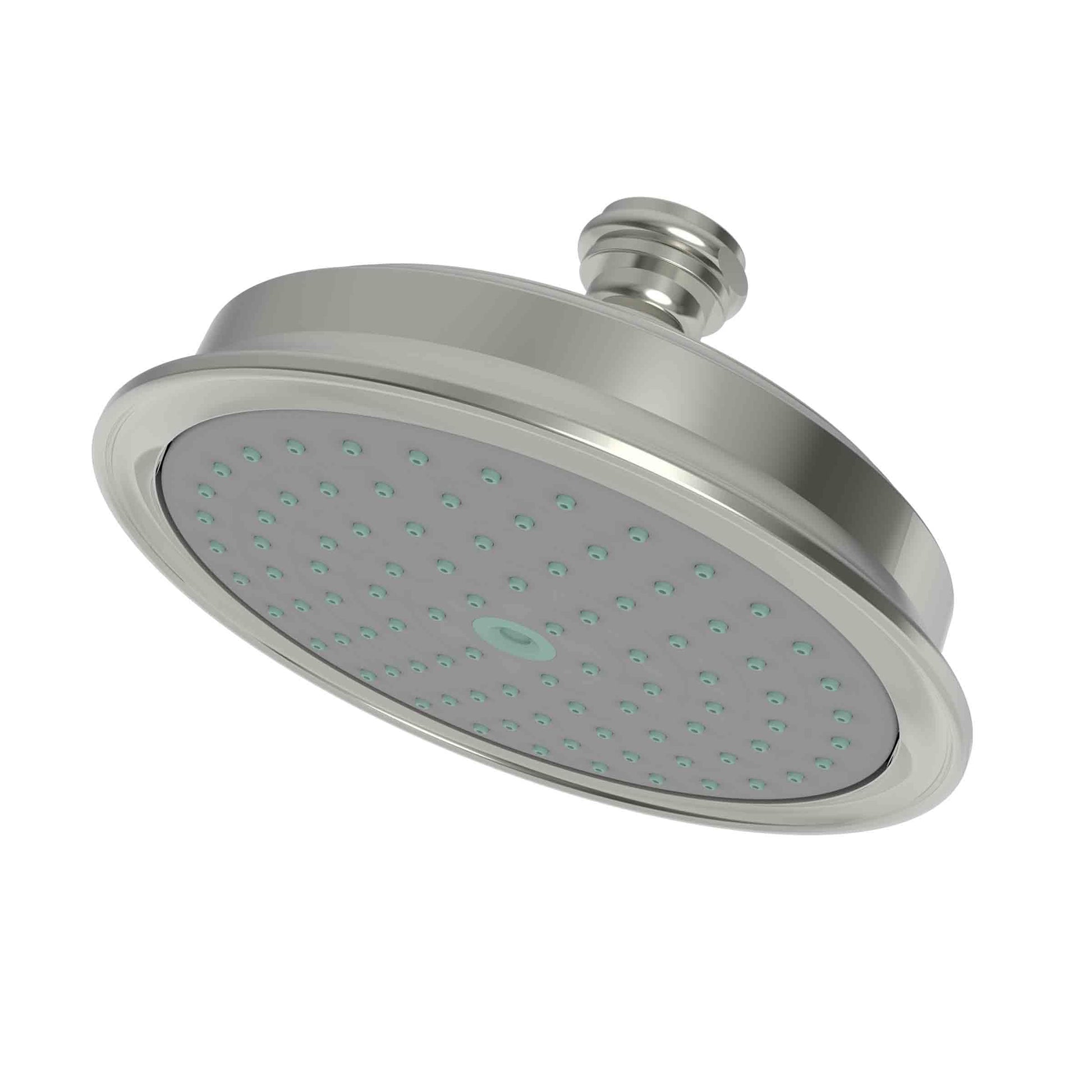 Polished nickel overhead shower head with oval faceplate and multiple spray jets, mounted on adjustable arm.
