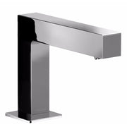 Polished chrome faucet with black accent panel, rectangular spout, and square base pedestal.