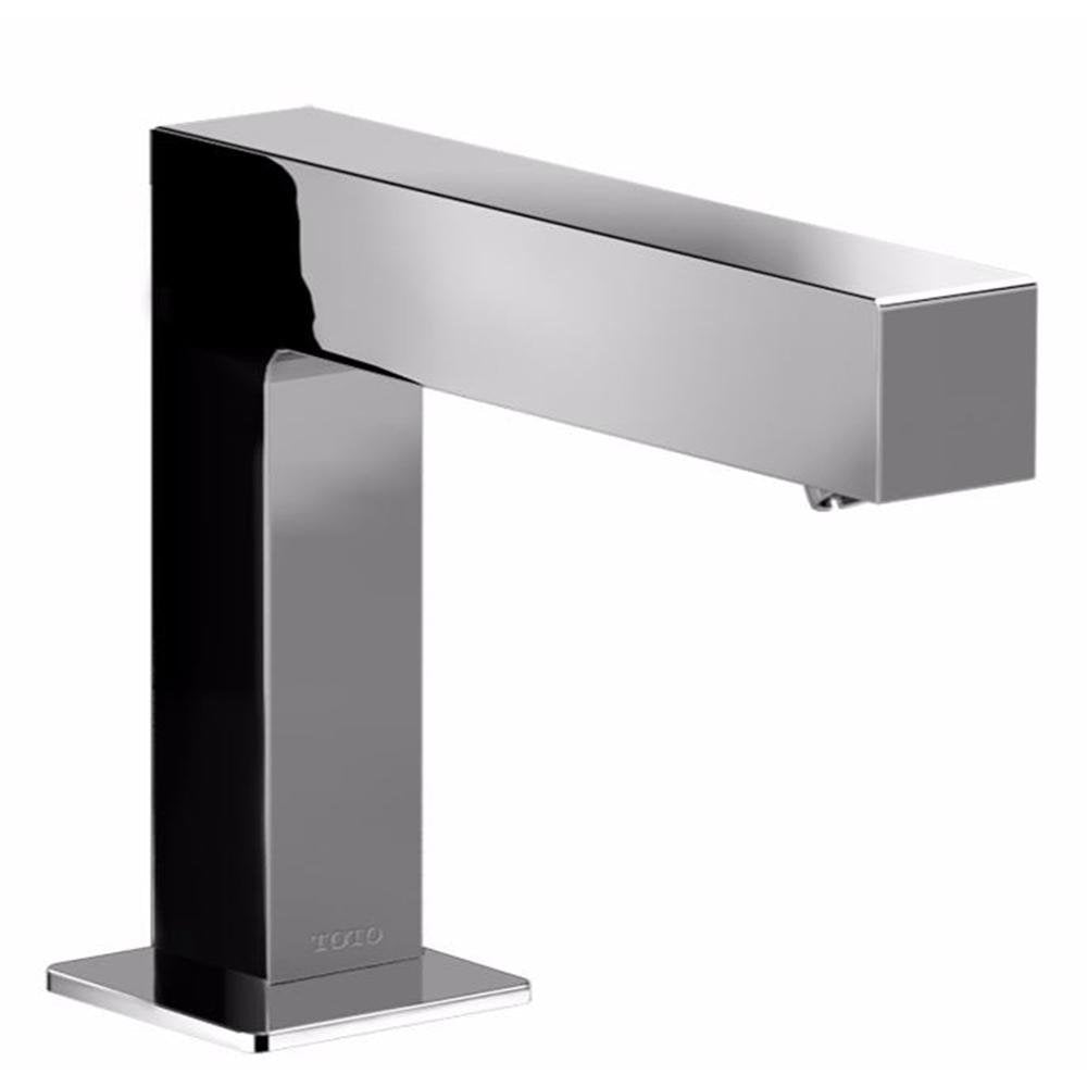 Polished chrome faucet with black accent panel, rectangular spout, and square base pedestal.