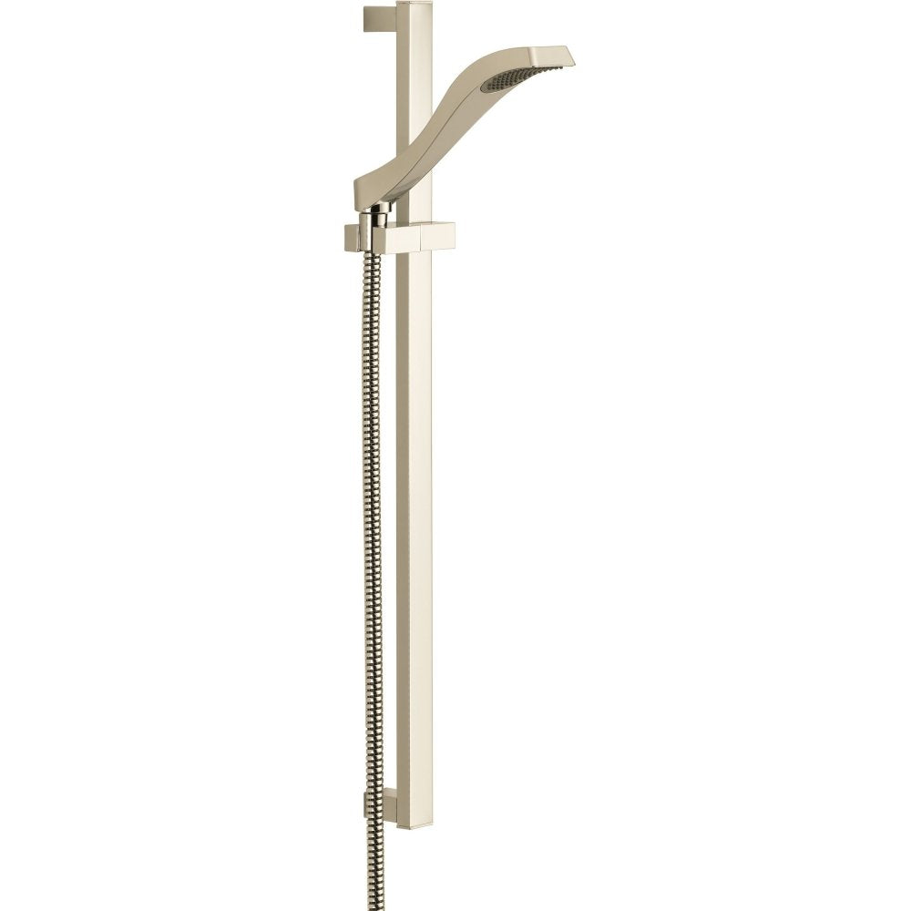 Brushed nickel hand shower with curved head mounted on vertical slide bar with hose connection.