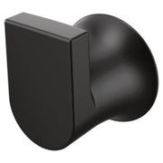 Black wall-mount robe hook with rectangular backplate and rounded protruding hook.