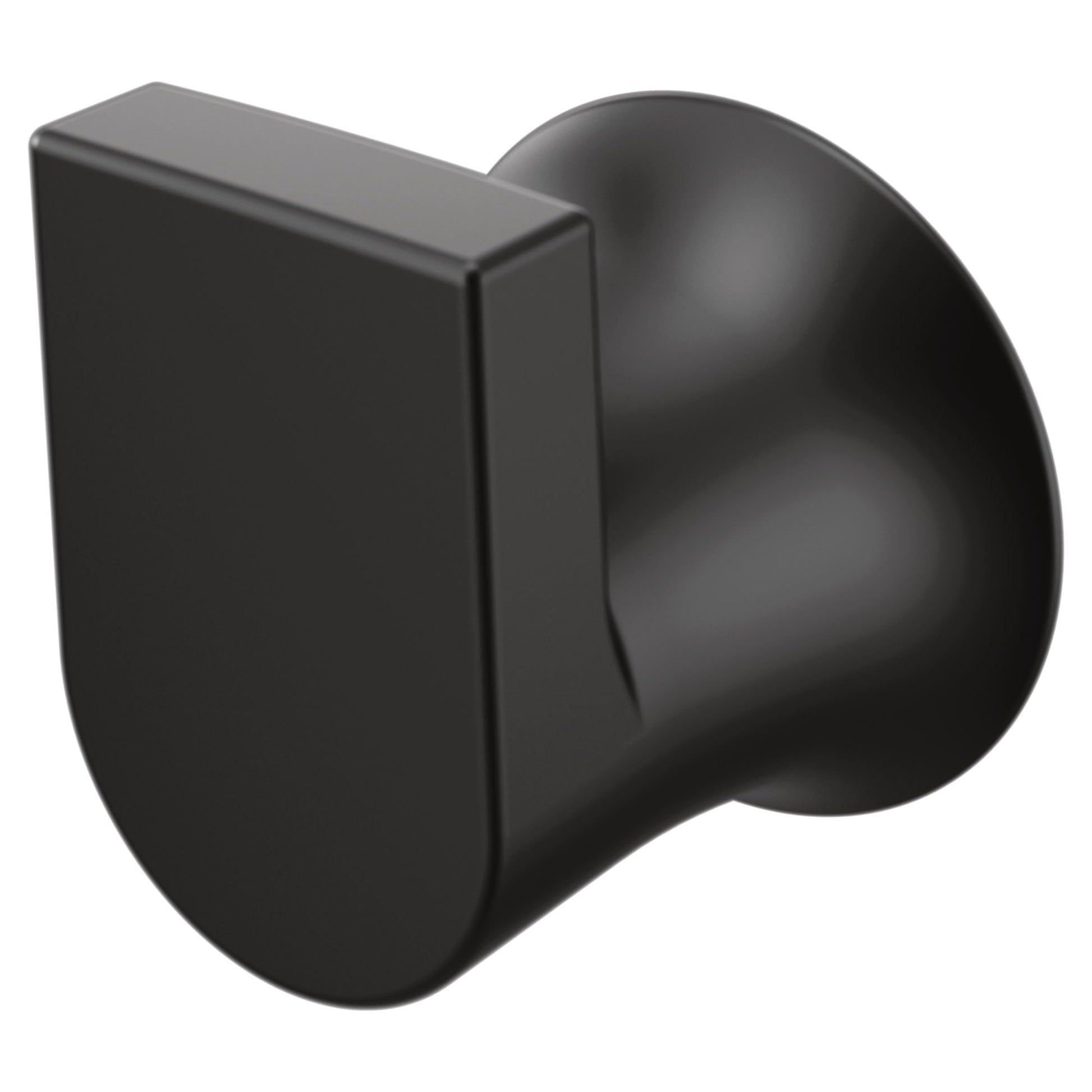 Black wall-mount robe hook with rectangular backplate and rounded protruding hook.