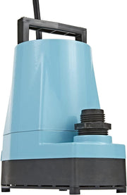 Light blue and black submersible utility pump with handle and threaded outlet connection.