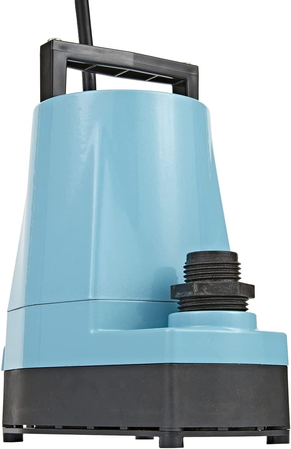 Light blue and black submersible utility pump with handle and threaded outlet connection.