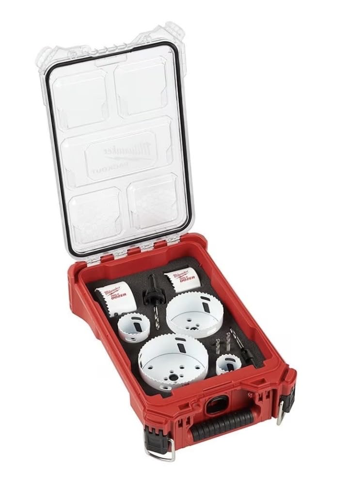 Red Packout case containing white bi-metal hole saws, black arbor, and accessories with clear compartmentalized lid.