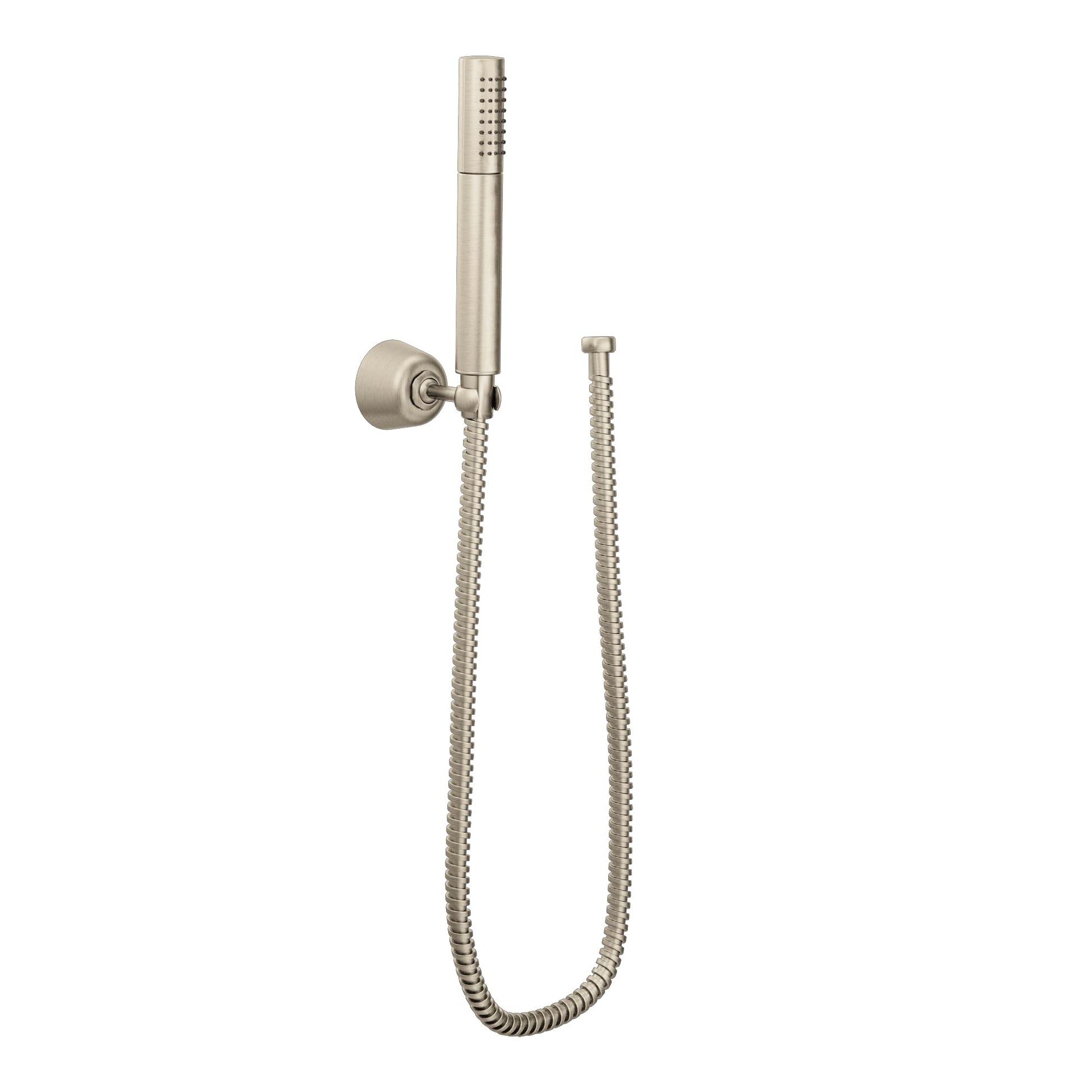 Brushed nickel handheld showerhead with cylindrical head, wall bracket, and coiled hose connection.
