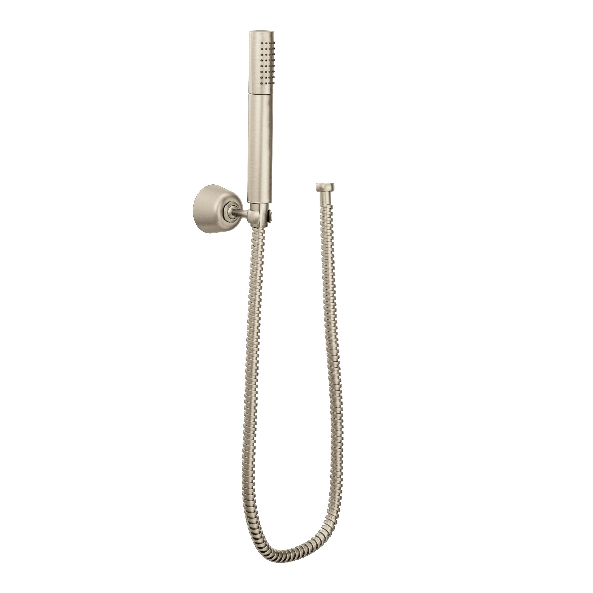 Brushed nickel handheld showerhead with cylindrical head, wall bracket, and coiled hose connection.