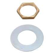 Brass hexagonal nut and flat metal washer for drain assembly.