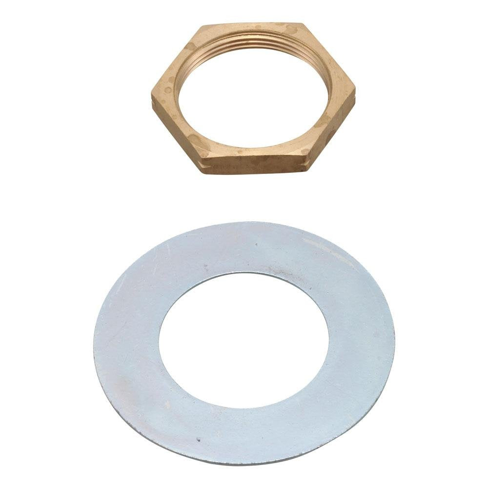 Brass hexagonal nut and flat metal washer for drain assembly.