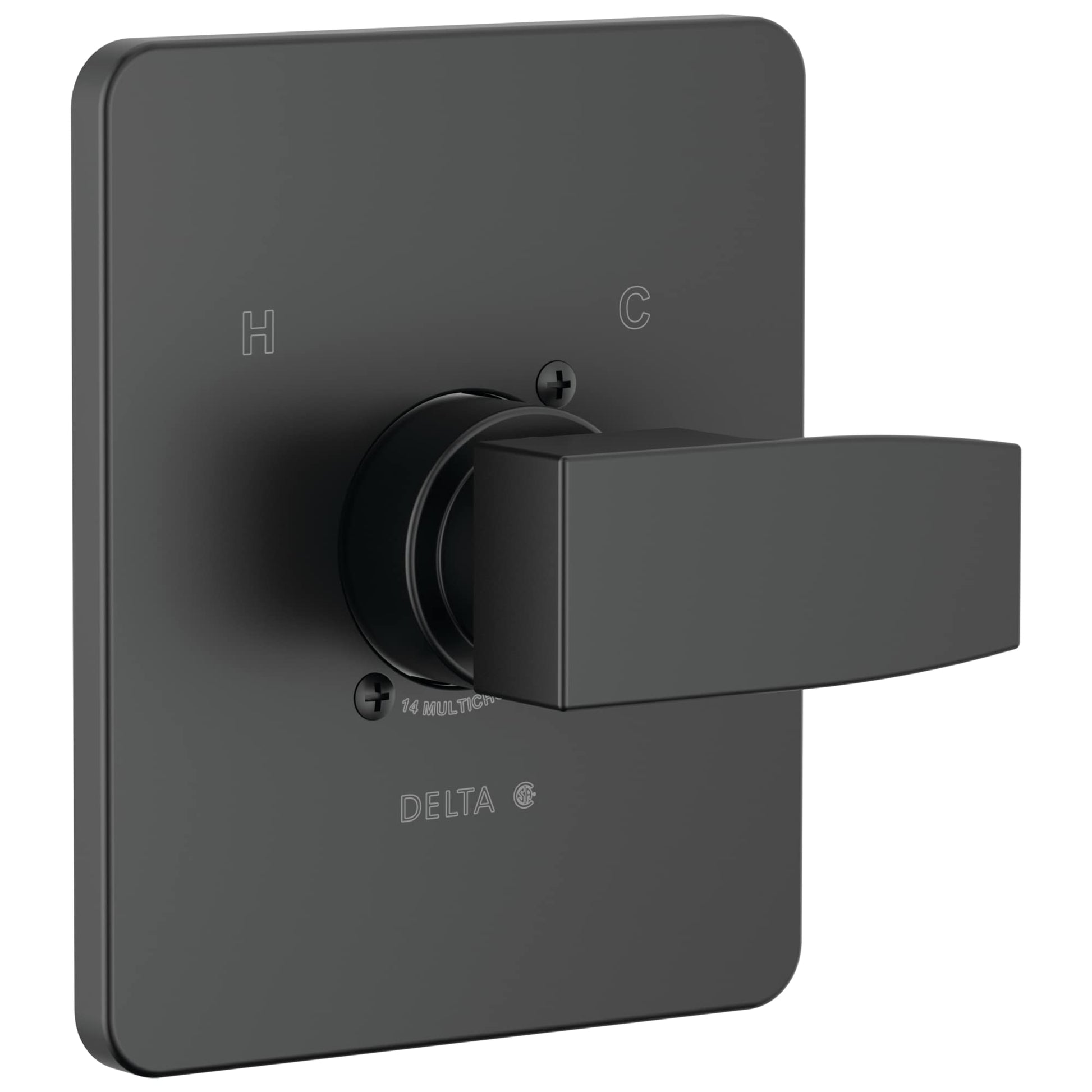 Matte black rounded square trim plate with single-handle valve lever control and hot/cold markings.