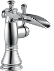 Chrome single-handle bathroom faucet with curved spout, decorative base, and pop-up drain assembly.