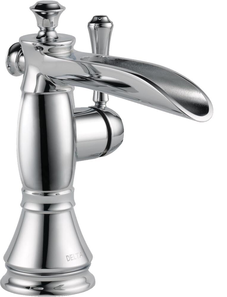Chrome single-handle bathroom faucet with curved spout, decorative base, and pop-up drain assembly.