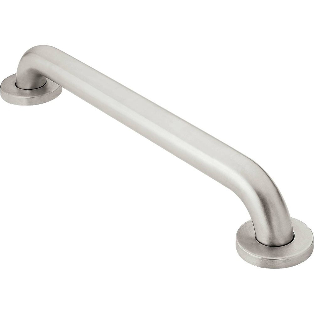 Stainless steel grab bar with peened finish and round wall flanges at each end.