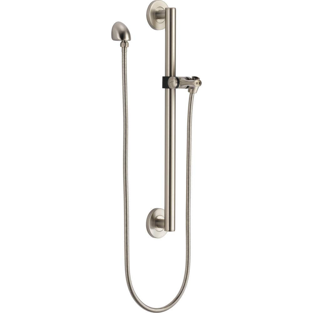Brushed nickel slide bar assembly with vertical rail, adjustable holder, handshower, hose, and wall-mounted elbow bracket.