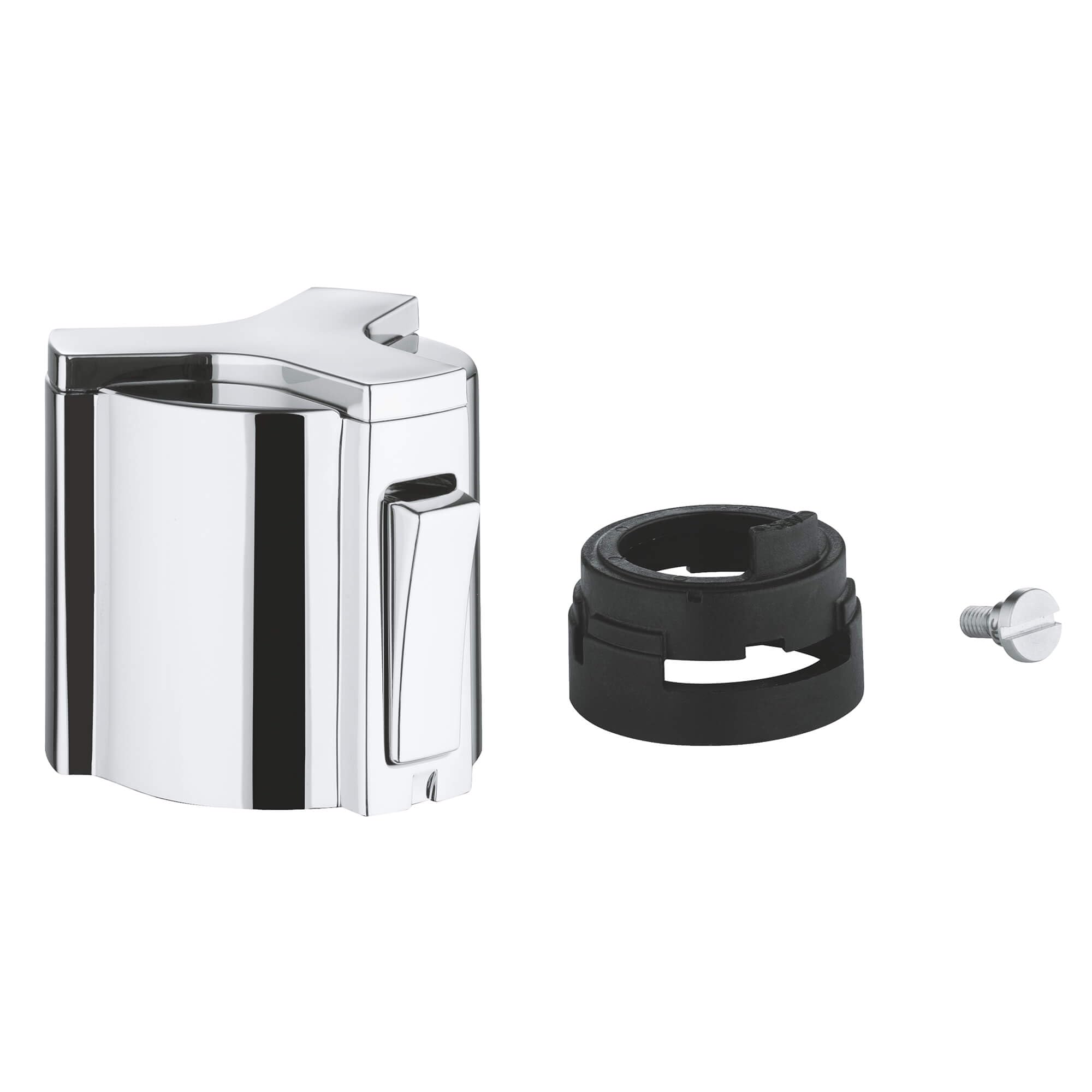 Chrome temperature control handle with black accent ring and mounting screw for Grohe faucet repair.