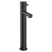 Matte black single-handle vessel sink faucet with tall cylindrical spout and lever control handle.