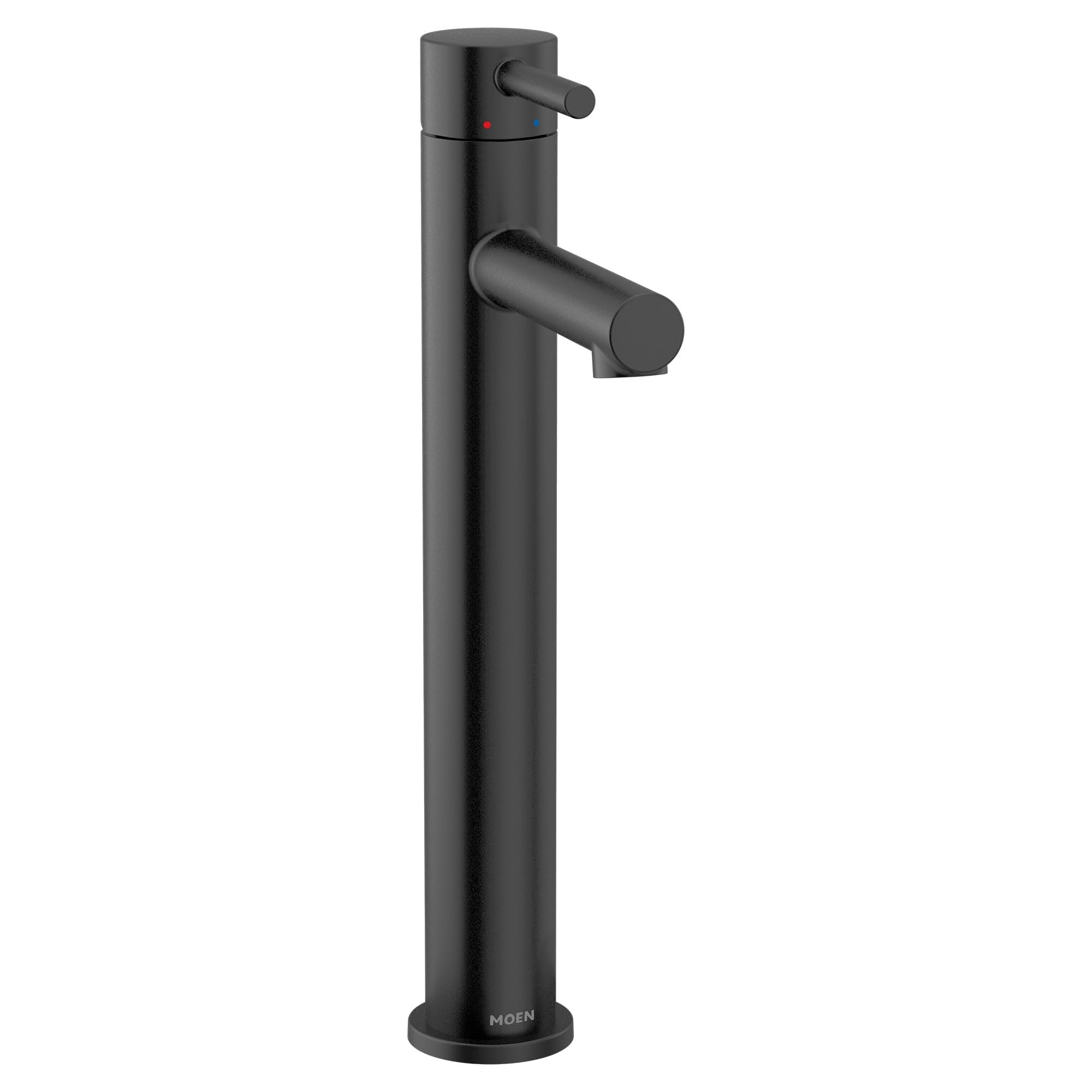 Matte black single-handle vessel sink faucet with tall cylindrical spout and lever control handle.