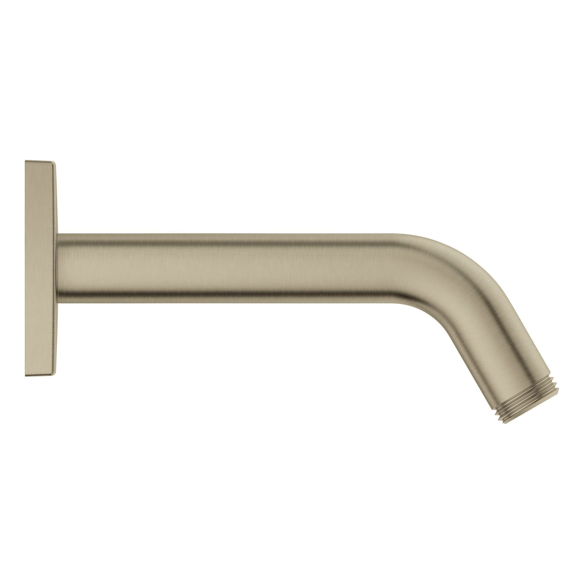 Brushed nickel curved shower arm with wall-mounted square flange and angled outlet end.