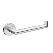 Chrome single post toilet paper holder with circular wall mount and horizontal bar with vertical end post.
