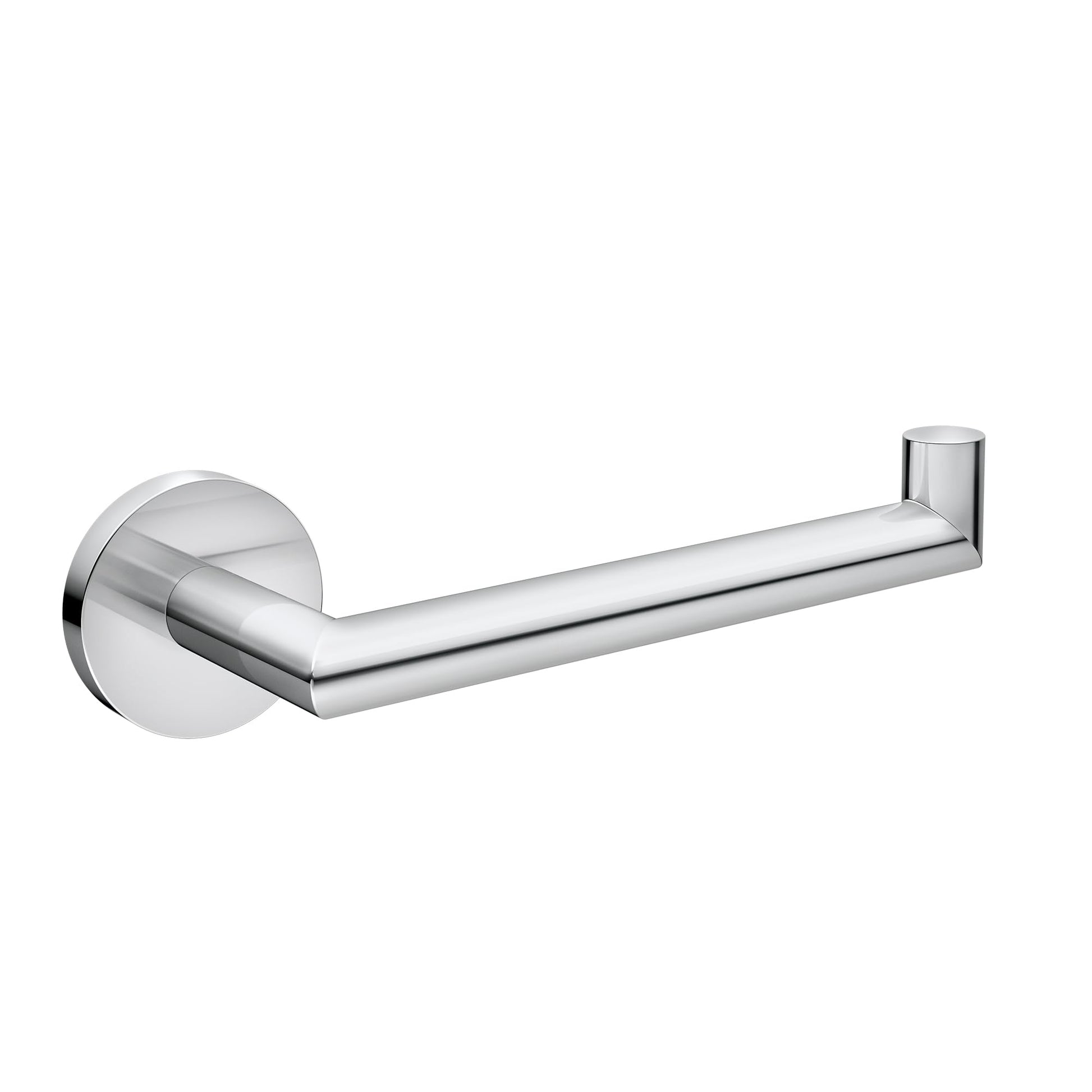 Chrome single post toilet paper holder with circular wall mount and horizontal bar with vertical end post.